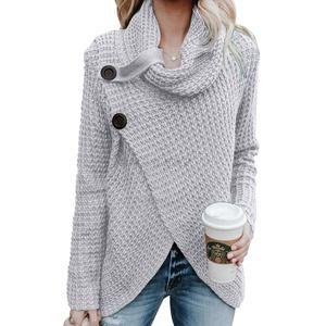 GRAY BUTTONED WAFFLE KNIT WRAP COWL NECK SWEATER SIZE 2XL (18-20)